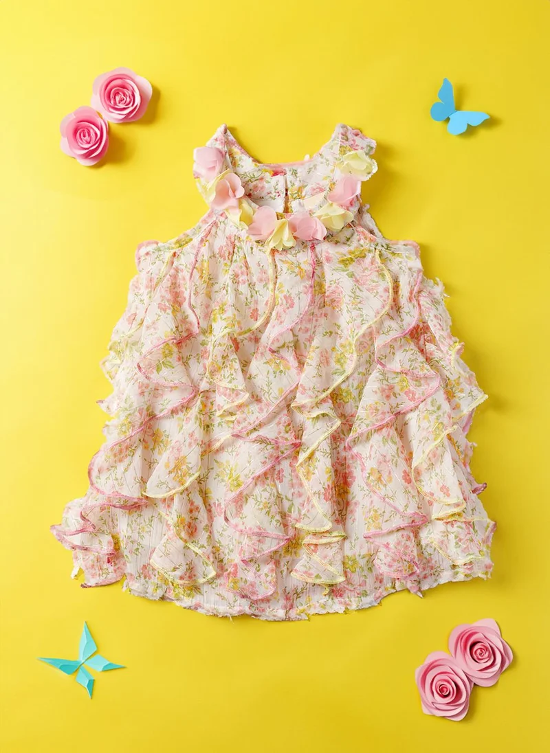 Nautinati Girls' Chiffon All-over Floral Print & Applique Ruffle A-Line Dress with Silver Zari